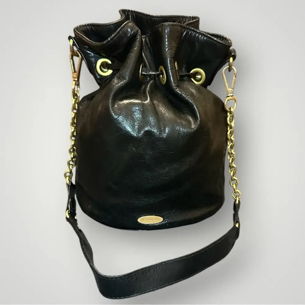 Tahari Black Leather Bucket Bag with Gold Chain